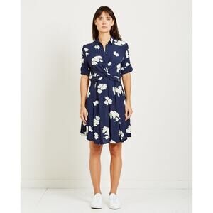 Ganni Womens Navy Blue Silvery Crepe Collar Short Sleeve Dress Eur 40 US 8